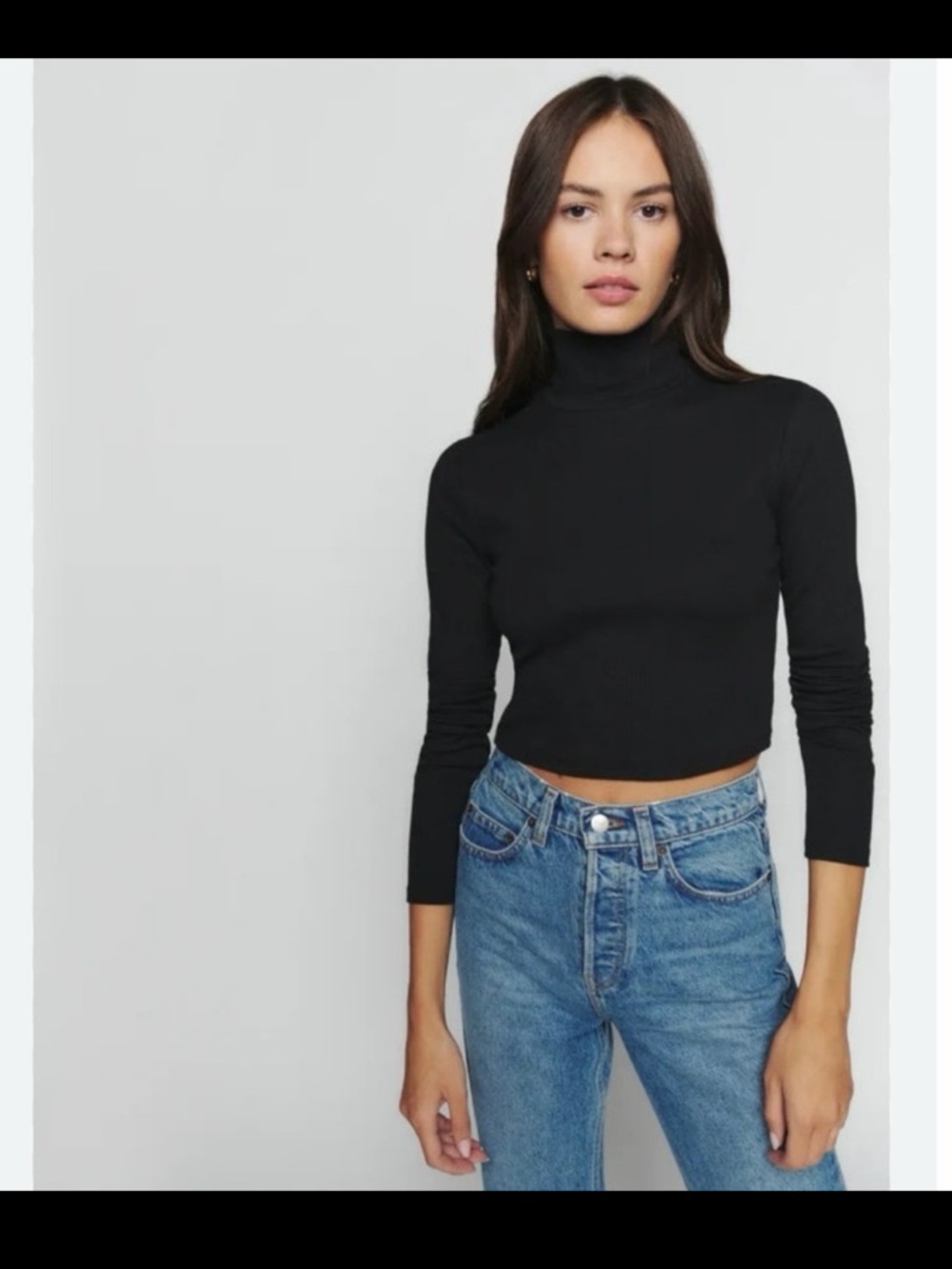 REFORMATION Davy Cropped Ribbed Turtleneck Tee In Black Organic Cotton Sz Large